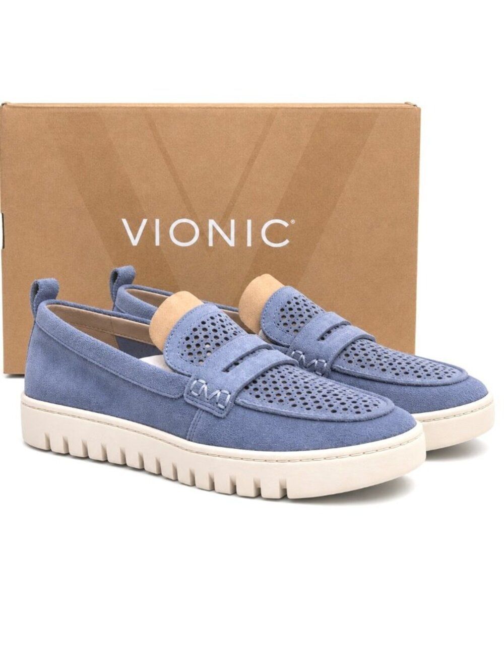 Vionic Uptown Perf Leather Loafers Women 8.5 Pacific Blue Orthotic Shoes